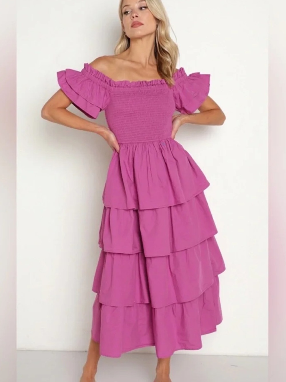 Cleobella Magenta Off-Shoulder Smocked Tiered Midi Dress